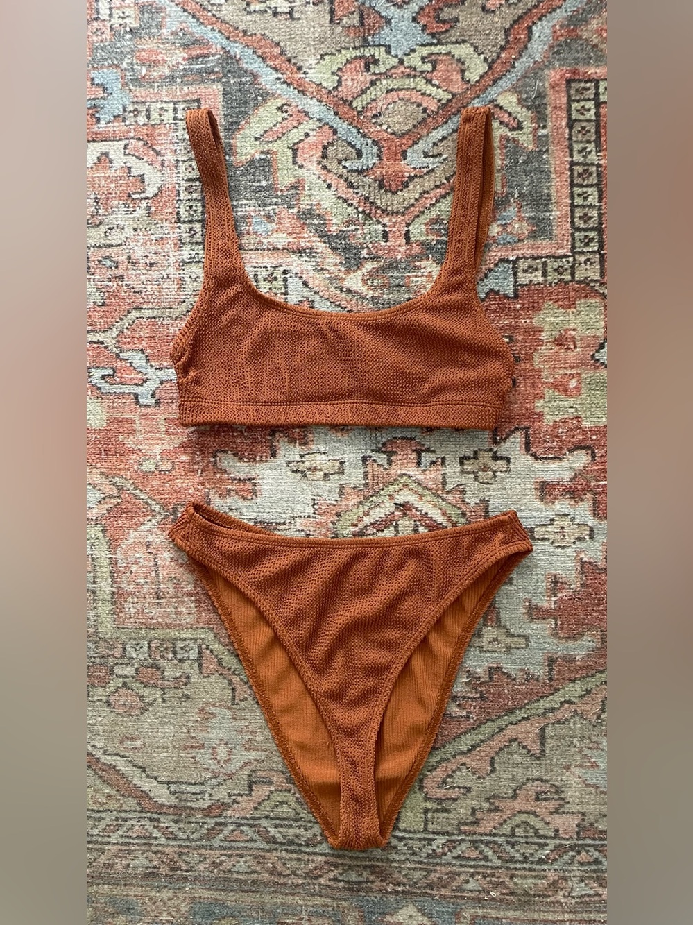 Good American Ribbed Bandeau Bikini Set - Rust